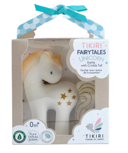 Tikiri Shining Stars Unicorn Natural Rubber Baby Rattle in Giftbox