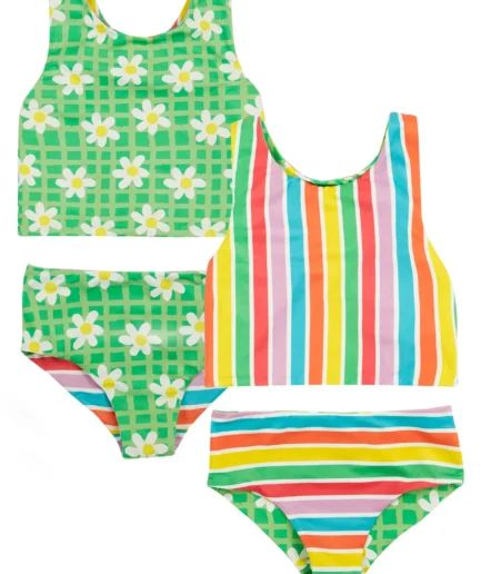 Frugi Tegan Reversible Tankini Stripe/Green Daisy
